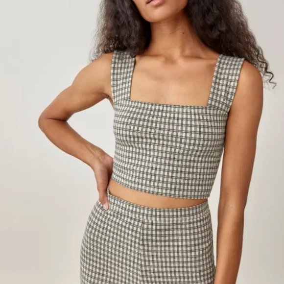 Reformation Jodie Two Piece Beige Check Size XS - Picture 3 of 10